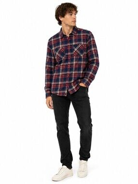 Kuwalla Montreal Plaid Flannel Shirt Burgundy Navy 100% Cotton Button Up - Large